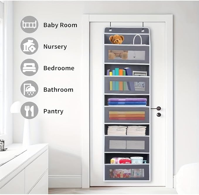 Over The Door Organizer Storage, 5 Shelf Hanging Door Organizer with 5 Large Capacity Pockets, Anti Tilt 44 lb Load Hanging Organizer for Bedroom, Bathroom, Pantry, Nursery (Grey, 1 Pack)