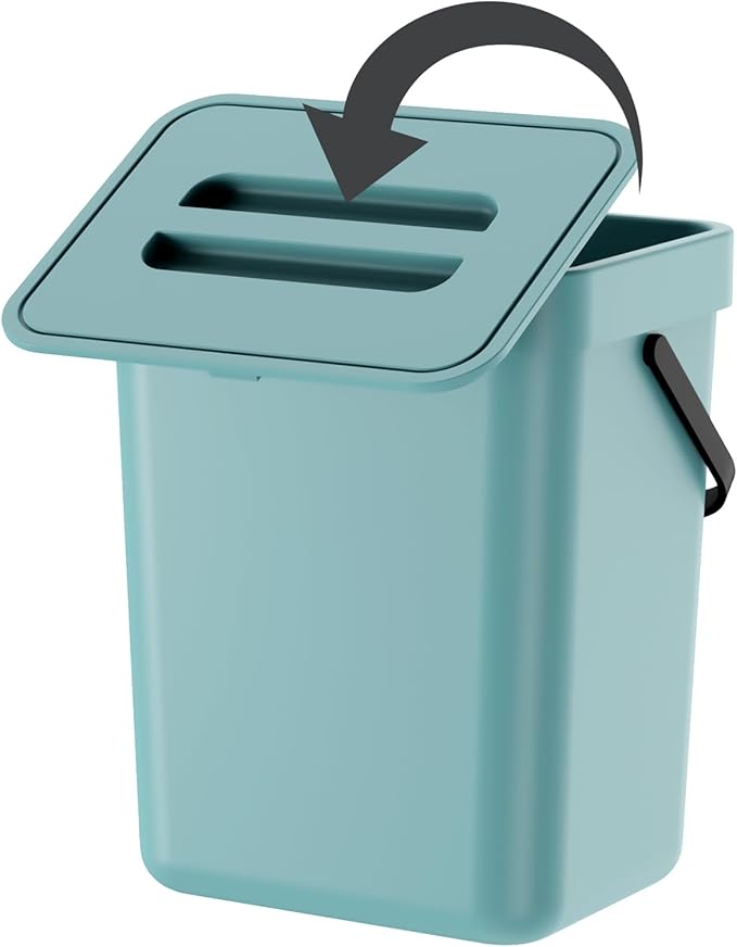 Compost Bin Kitchen, for use on Countertops or Under Sinks, Hanging Trash Can with Lid, for Cupboard/Bathroom/Bedroom/Office/Camping, Mountable Indoor Compost Bucket(Blue 0.8 Gallon/3L)