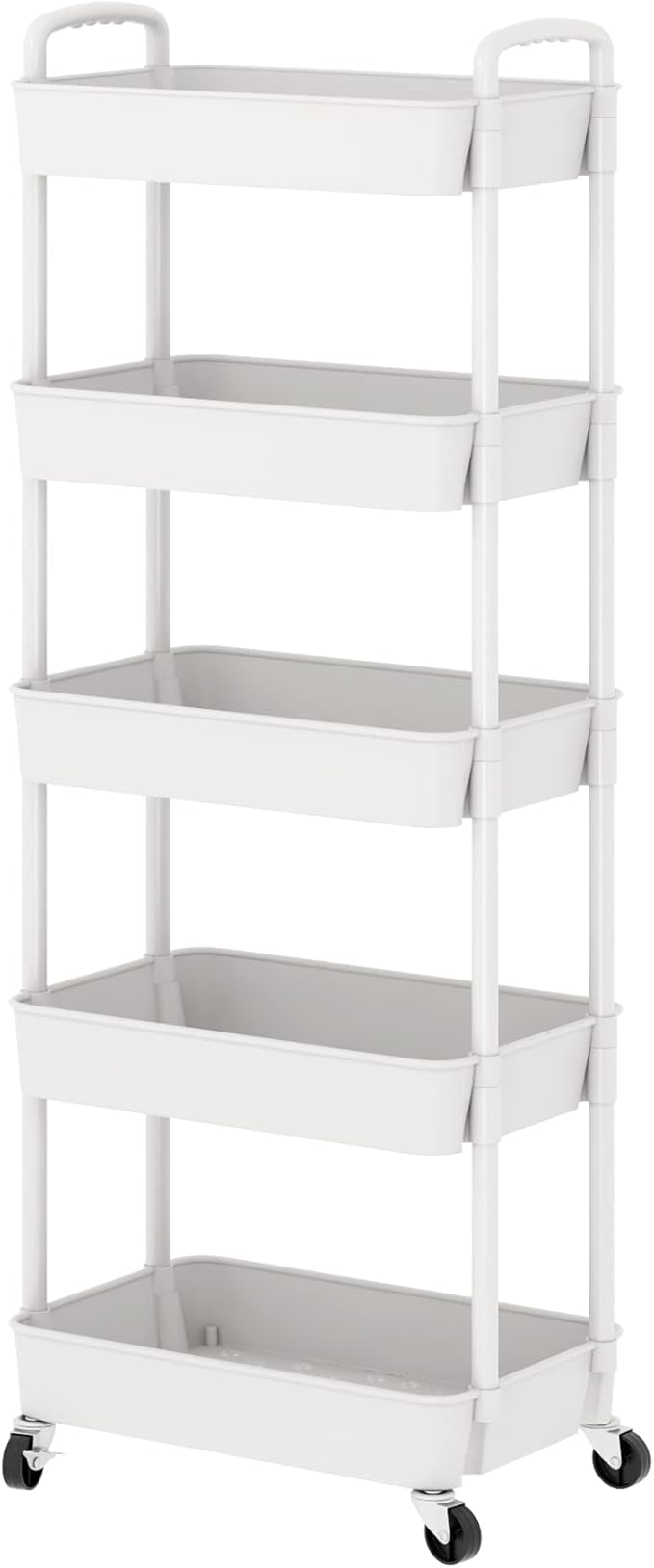 Sywhitta 5-Tier Plastic Rolling Utility Cart with Handle, Multi-Functional Storage Trolley for Office, Living Room, Kitchen, Movable Storage Organizer with Wheels, White