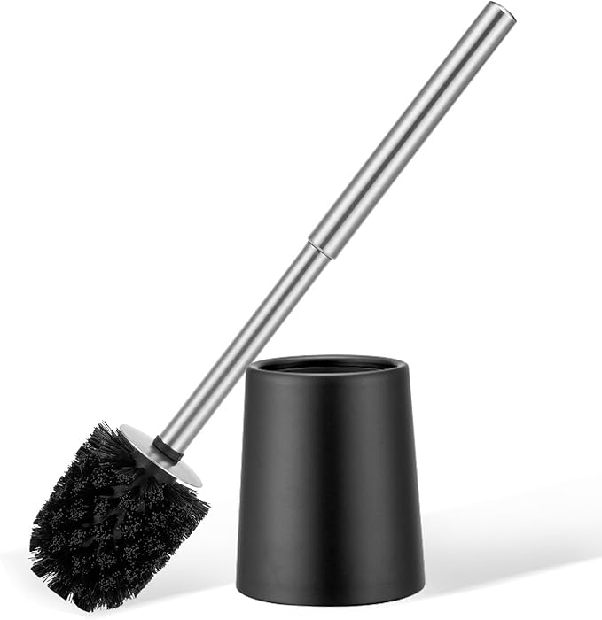 Toilet Brush and Holder Black Coated Metal Case and Stainless Steel Handle Toilet Cleaning Brush Double Layer Holder Long Brush Handle High Density Bristles Toilet Bowl Brushes