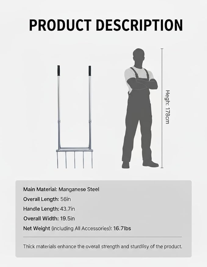 5-Tine Broad Fork Heavy Duty Garden Fork Built Tough for Lasting Durability Loosen and Aerate Clay Soil on Farms and in Home Gardens