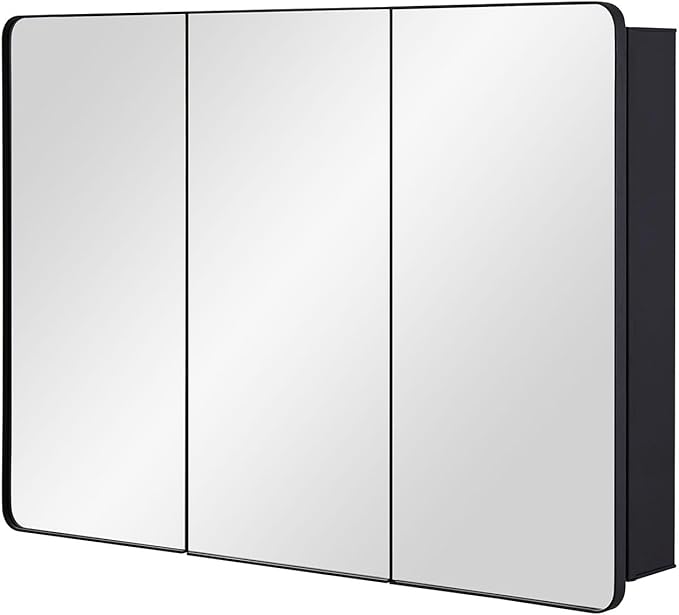 Bathroom Mirror Medicine Cabinet with Round Corner Framed Door 36 x 26 inch, Black，Recessed or Surface Mount, with Adjustable Glass Shelves