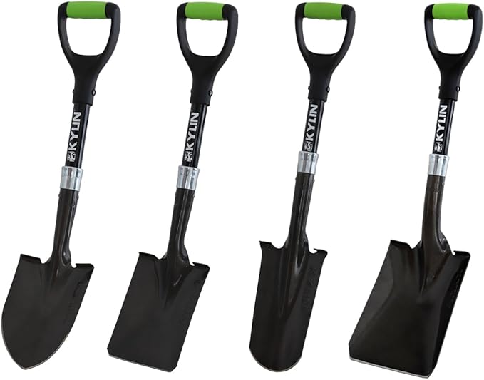 KYLIN Mini Shovel 4-Piece Set with Fiberglass Short Handle, for Gardening, Hiking, Backpacking, Fishing, Kids Mini Shovel, Camping Shovel, Off-Road Shovel, Beach Shovel, Multi-Purpose Garden Tools