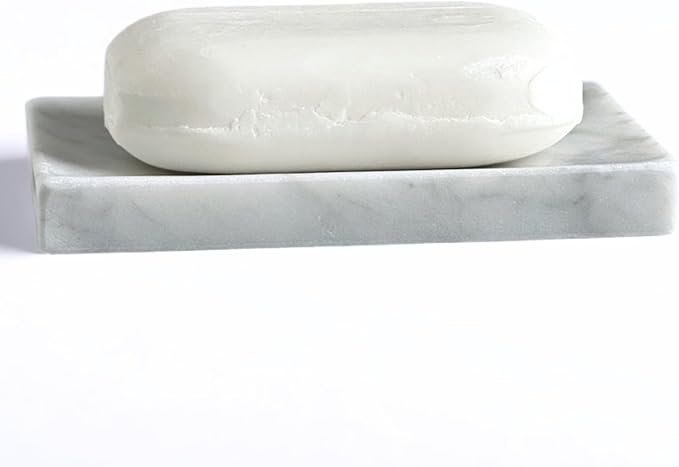 Natural Marble Soap Dish for Shower with Silicone Non-Slip Feet, Stone Drying Tray, Bar Soap Saver, Holder Container for Bathroom Decor Accessories(Carrara White, Rectangular)