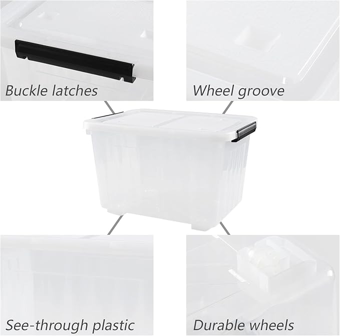 Farmoon 4 Pack 30 Quart Plastic Latching Storage Box Bin with Wheels, Clear