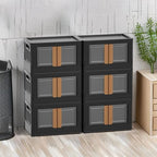 HAIXIN Storage Bins with 6 Lids - 8.4 Gal Closet Cabinet 6 Pack Plastic Stackable Organizers with Front Opening Door Black Foldable Storage Box for Home Garage Office Craft