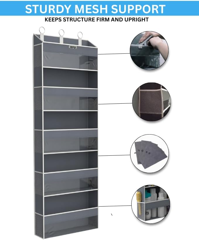 Over the Door Organizer with 5 Large Pockets & 10 Mesh Side Pockets – Durable Hanging Storage for Closet, Bathroom, Bedroom, and Pantry – Space Saving Door Storage with Sturdy Metal Hooks.