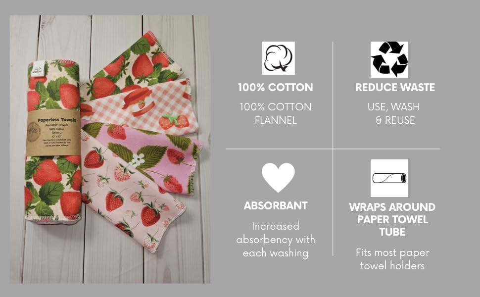 Paperless Towels, 12-12" X 10" Washable Paper Towels, Reusable Paper Towels, 100% Cotton (Strawberry Variety)