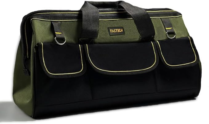 FASTECH 22-inch Wide Mouth Tool Bag with Water Proof Molded Base, Wide Mouth Tool Tote Bag, Waterproof Tool Organizer Bag for Men with Adjustable Shoulder Strap(No Bottom Shell)