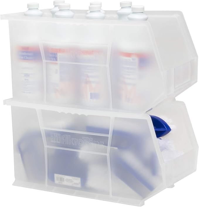 Akro-Mils 30265 AkroBins Plastic Storage Bins, Space-Saving Stackable Bins for Garage, Pantry, Craft Organization, 18-" x 8.25-" x 9-", Clear, 6-Pack