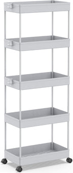SPACEKEEPER 5-Tier Rolling Cart, Bathroom Storage Organizer Utility Cart, Mobile Shelving Unit Slide Out Shelves for Kitchen Living Room Laundry Room & Dressers,Gray