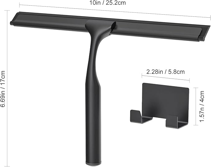 Stainless Steel Shower Squeegee for Glass Doors, Multi-Purpose Squeegee for Shower Glass, Bathroom and Car Windows, Squeegee with Adhesive Hook-10”, Black
