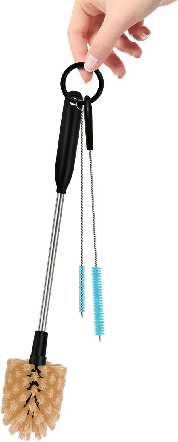 3 in 1 Stainless Steel Long Handled Water Bottle Brush Set, Kitchen Scrubber Cleaning Brush for Mugs, Coffee Cups, Glassware, Wine Glasses, Wake-Ups, with Straw Cleaner, Brown