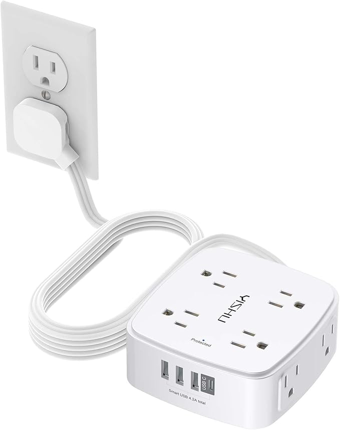 10 Ft Surge Protector Power Strip - YISHU 8 Widely Outlets with 4 USB Ports, 3 Side Outlet Extender with 10 Feet Flat Extension Cord, Ultra Flat Plug, Wall Mount, Desk USB Charging Station, ETL, White