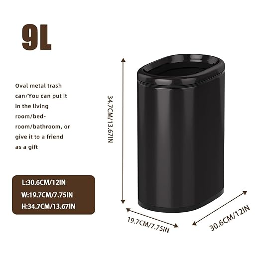 2.4GAL Gloss Black Bathroom Trash Can,Silm Garbage Can with Garbage Bag Inner Lining,Suitable for Bathroom,Bedroom,Hotel,Office,RV (Black Gold)