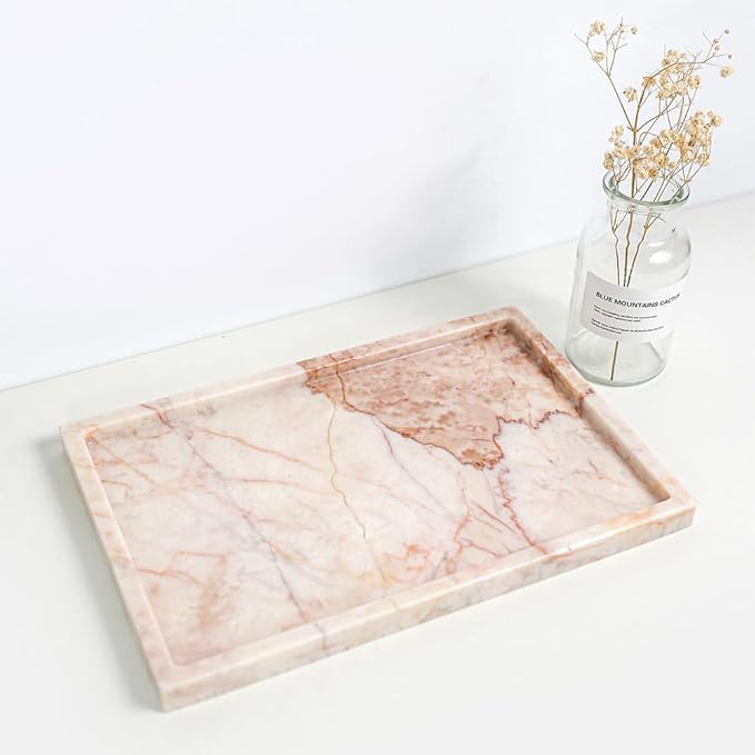 Real Luxurious Natural Marble Vanity Tray Genuine Marble Storage Tray for Home Decor Stone Tray for Bathroom/Kitchen/Vanity/Dresser Non-Resin/Non-Ceramic/Cream Rose