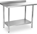 STABLEINK NSF Stainless Steel Table, 24 x 36 Inches Metal Prep & Work Table with Backsplash, Adjustable Undershelf and Table Foot, for Commercial Kitchen, Restaurant (Without Caster Wheels)
