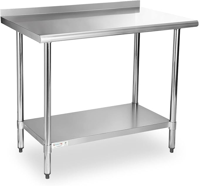 STABLEINK NSF Stainless Steel Table, 24 x 36 Inches Metal Prep & Work Table with Backsplash, Adjustable Undershelf and Table Foot, for Commercial Kitchen, Restaurant (Without Caster Wheels)