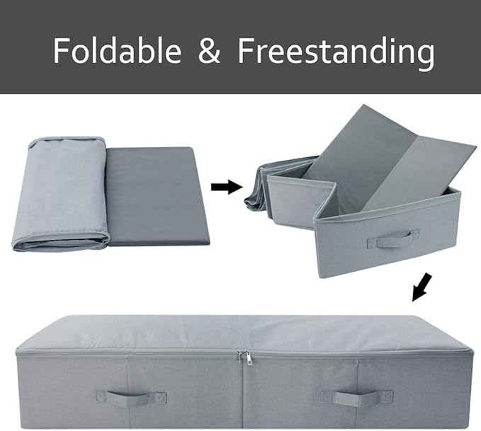 39.4"X 16.9"X 7", Jumbo Size 7" High Under Bed Storage Bins with 3-side Zip Open, Collapsible & Breathable for King Queen Size Beds Containers for Shoes, Bedding, Light Gray