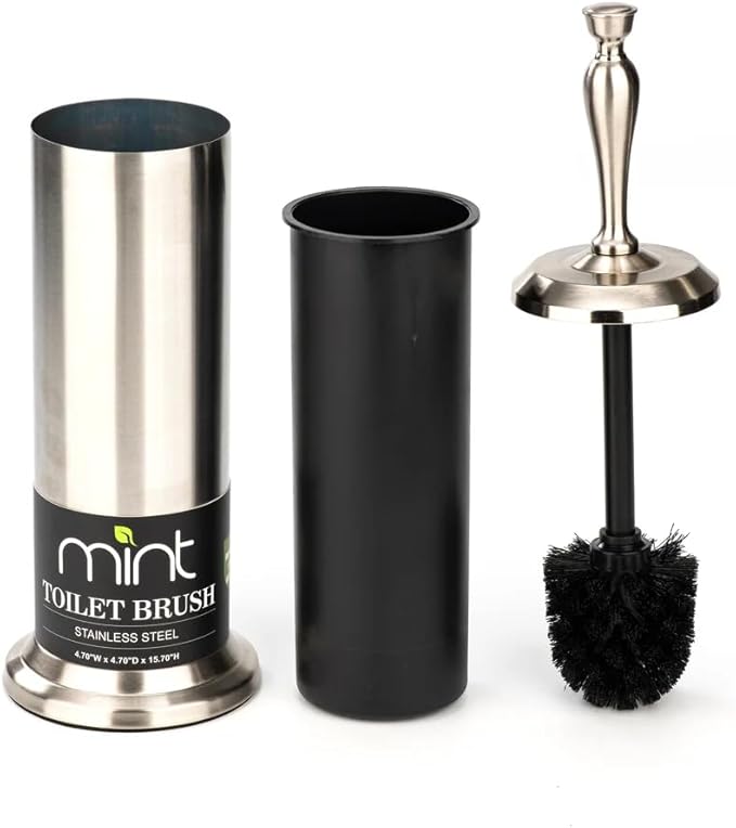 J&V TEXTILES Toilet Brush, Toilet Bowl Brush with Extra Long Handle Durable Bristles Toilet Scrubber and Covered Holder for Toilet Brush Set for Bathroom Cleaning (Brushed Satin Nickel)