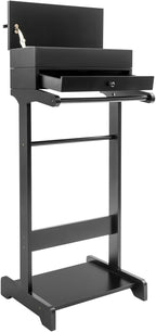 Valet Stand with Drawer and Top Tray, Wood Mens Suit Valet Stand with Wood Base, Freestanding Clothes Valet Stand with Hanger, Storage Organizer for Entryway Office Living Room (E, Black)
