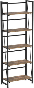 4NM No Assembly Folding Bookshelf, 5-Shelf 62.2" H Collapsible Foldable Bookcase Storage for Small Spaces, Rustic Brown and Black