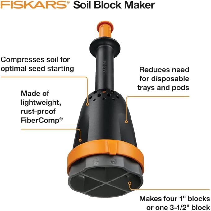 Fiskars Soil Block Maker for Garden Seeds with Natural Air Pruning, Eco Friendly Soil Blocking Gardening Tool for Germinating Seeds