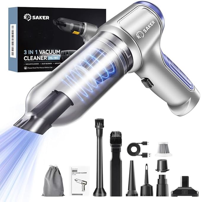 Saker Car Vacuum Portable Cordless 15000PA,3 in 1 Handheld Vacuum with Brushless Motor for Car, Office and Home Cleaning Blue HL107B