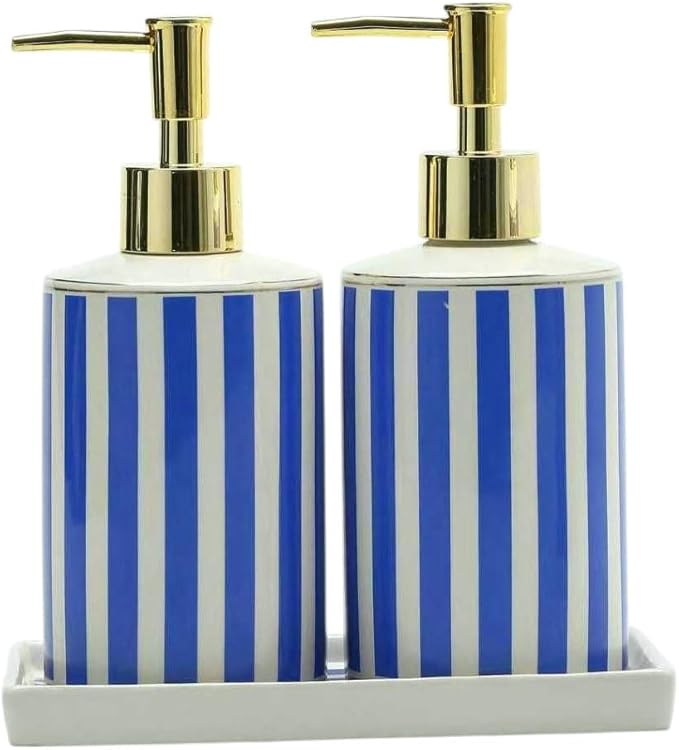 Coastal Blue & White Ceramic Soap Dispenser Set with Gold Pump – 3-Piece Bathroom & Kitchen Accessories with Tray, Refillable Lotion & Dish Soap Pump Bottles for Beach House & Nautical Décor