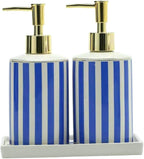 Coastal Blue & White Ceramic Soap Dispenser Set with Gold Pump – 3-Piece Bathroom & Kitchen Accessories with Tray, Refillable Lotion & Dish Soap Pump Bottles for Beach House & Nautical Décor