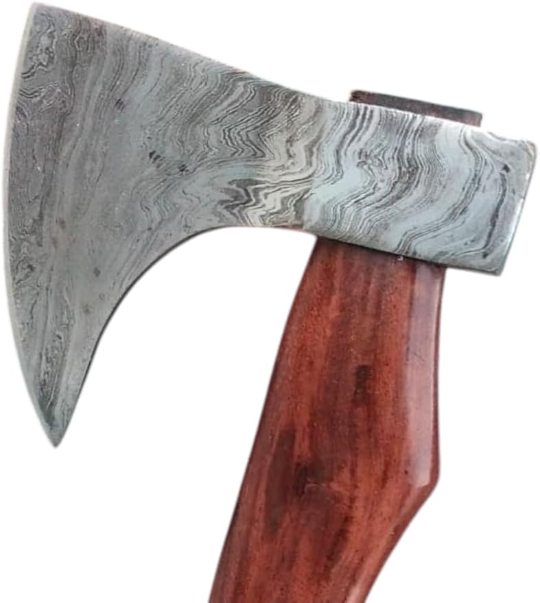 Handmade Damascus Axe with Sheath – Viking Style Hatchet with Curved Wooden Handle for Camping, Hiking, Chopping, Bushcraft, Gardening & Display