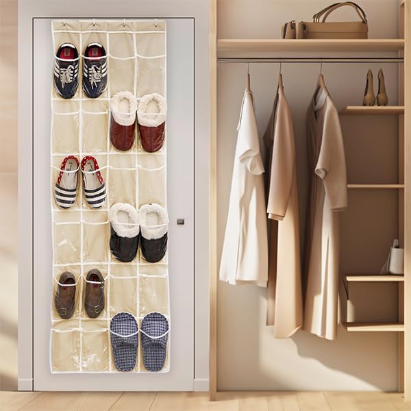 SIMPLE HOUSEWARE 24 Pockets - Crystal Clear Over The Door Hanging Shoe Organizer, Beige (64'' x 19'')