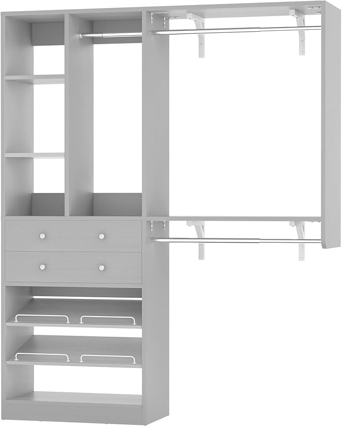 Closet System with 2 Drawers - Reversible 5FT Wood Closet Organizer System with 3 Hanging Rods and Adjustable Shelf Shoe Rack, Morandi Grey