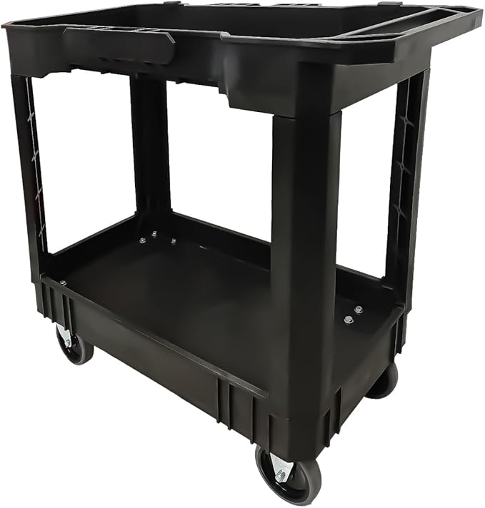 AAIN 2 Shelf Heavy Duty Plastic Utility Cart, Supports Up to 500 Pound Black Rolling Utility Cart. 34 x 17 Inch Service Cart, 4 Wheels, Ergonomic Handle Great for Warehouse,Garage, Cleaning