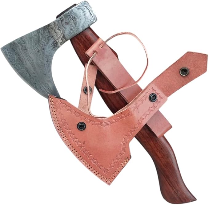 Handmade Damascus Axe with Sheath – Viking Style Hatchet with Curved Wooden Handle for Camping, Hiking, Chopping, Bushcraft, Gardening & Display