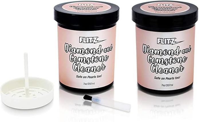 FLITZ Diamond and Gemstone Cleaner Dip Jar - 7oz USA-Made Gold & Sterling Silver Jewelry Cleaner Solution Dip Tool with Tray & Brush - Ring Cleaning Kit to Remove Dirt & Grime on Fine Jewelry