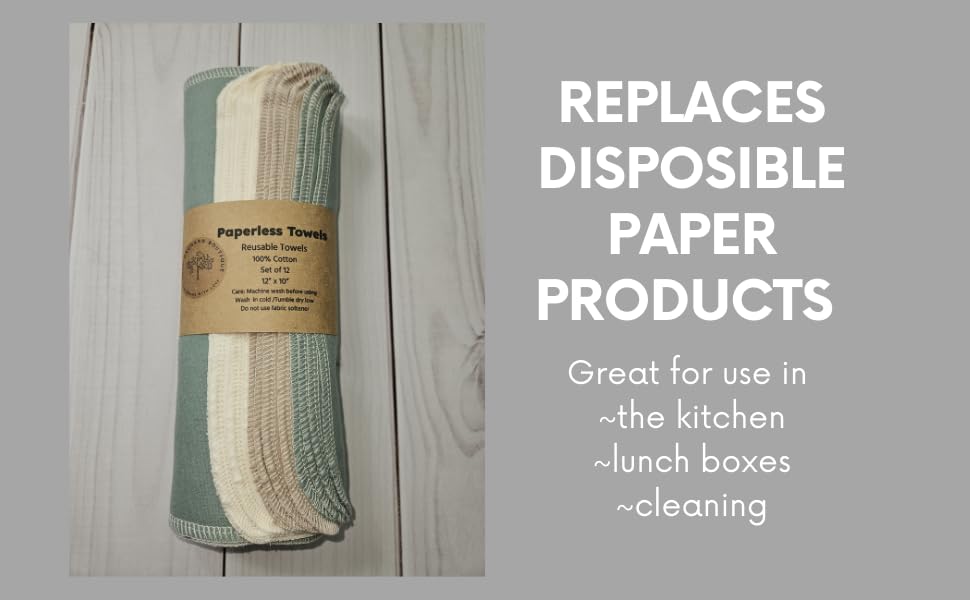 Paperless Towels, 12-12" X 10" Washable Paper Towels, Reusable Paper Towels, 100% Cotton (Sage)