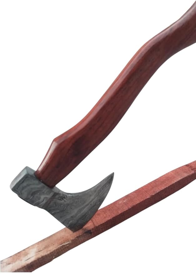 Handmade Damascus Axe with Sheath – Viking Style Hatchet with Curved Wooden Handle for Camping, Hiking, Chopping, Bushcraft, Gardening & Display