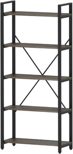 FATORRI 5 Tier Industrial Bookshelf, Rustic Etagere Bookcase for Display, Vintage Shelving Unit Wood and Metal Tall Book Shelves for Home Office (Walnut Brown)