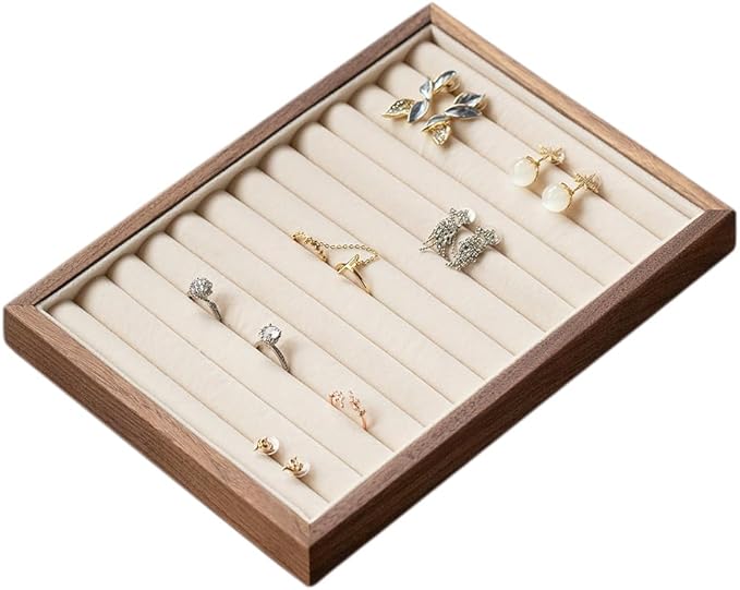 12-Line Black Walnut Wooden Jewelry Tray with Velvet Lining - Premium Ring & Earrings Storage Organizer for Drawers, Luxury Jewelry Display Tray, Elegant Jewelry Organizer for Women