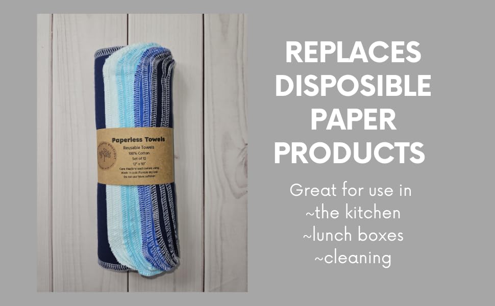 Paperless Towels, 12-12" X 10" Washable Paper Towels, Reusable Paper Towels, 100% Cotton (Blues)