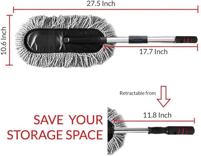 Microfiber Car Duster Exterior Interior Cleaner Cleaning Kit size 15.7 inch with Long Retractable Handle to Trap Dust and Pollen for Car Bike RV Boats or Home use - Grey