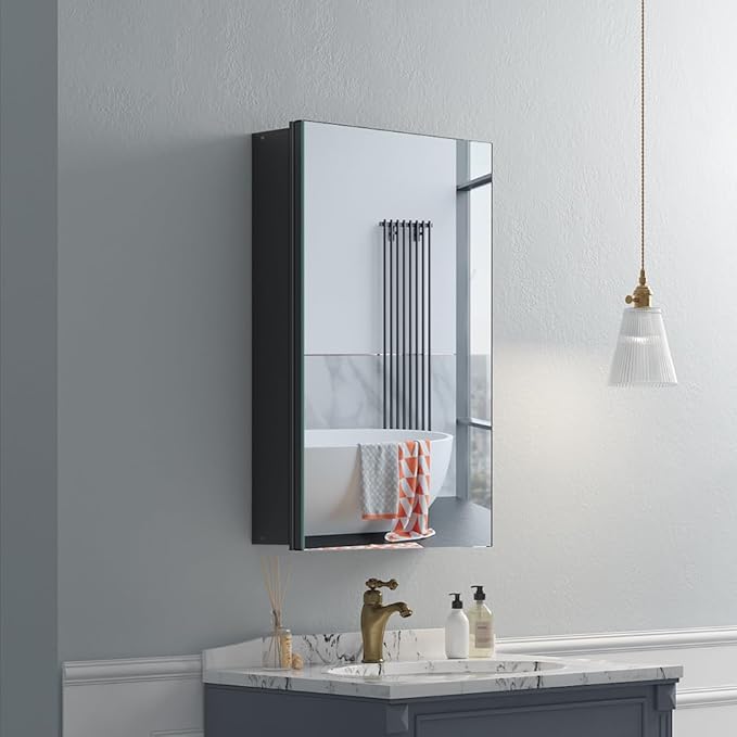 Quavikey Bathroom Medicine Cabinet with Mirror, Aluminum Surface Mount or Recessed Medicine Cabinet Mirror 16x26 Inch, Black