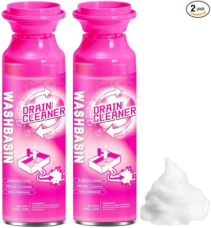 Foaming Drain Cleaner (2 Pack), Sink Clog Remover and Deodorizer for Bathroom & Kitchen, Pipe Deep Cleaning Foam for Bathtub, Shower, Washbasin, Dissolves Hair, Grease & Soap Scum to Fix Slow Drains