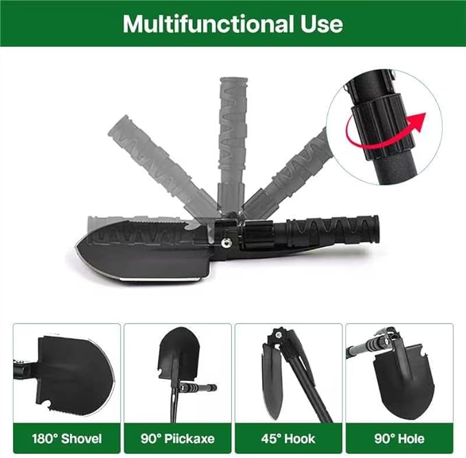 Folding Survival Shovel Multi-Tool, Heavy-Duty Military Entrenching Tool with Pickaxe, Collapsible Spade for Disaster Recovery, Car Emergency, Metal Detecting, Camping, Digging, and Gardening