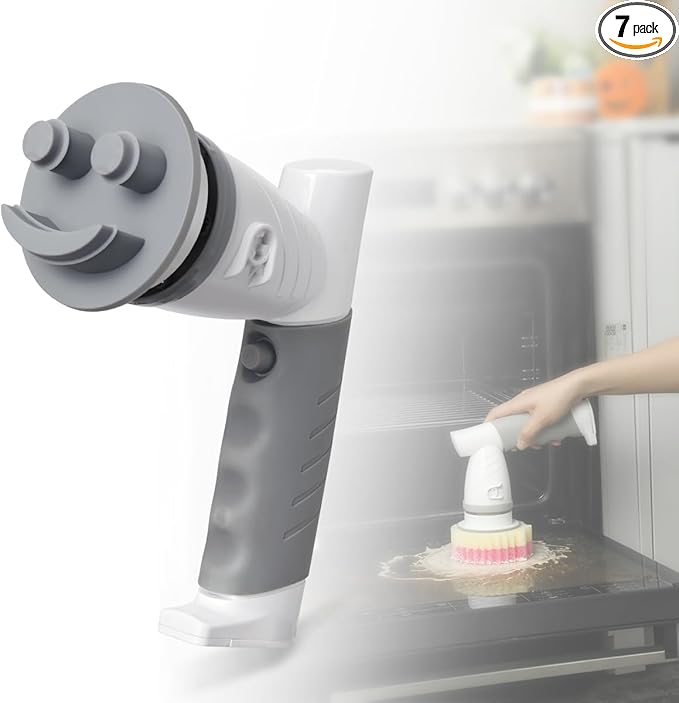 LANMU Electric Spin Scrubber Wand Compatible with Scrub Daddy/Mommy with Soft Silicone Sponge Hub, Power Cleaning Brush,5 Replaceable Heads, Ergonomic Handle for Oven, Stove, Sink, Shower, Tub, Tile