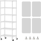 SINGAYE 6 Shelves Storage Shelf Wire Closet Bathroom Organizers Metal Pantry Kitchen Small Garage Shelving Unit Laundry Room Organization Home Narrow Rack Net Basket with Wheels White
