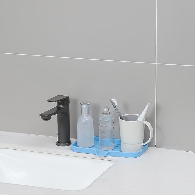 Silicone Bathroom Soap Dishes with Drain Spout-Bathroom and Kitchen Sink Organizer,Sponge Holder,Dish Soap Tray,Perfect for Dispenser,Scrubber,Bottle on Sink or Counter-Light Blue 9.6"×5.3"