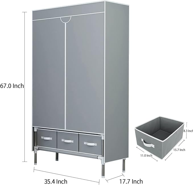 Portable Clothes Closet Rolling Door Wardrobe with Hanging Rack Non-Woven Fabric Storage Organizer with Three Drawer Boxes No-Tool Assembly - 35.4 x 17.7 x 67.0 ‘’ (Gray)