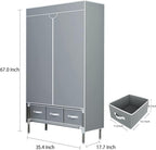 Portable Clothes Closet Rolling Door Wardrobe with Hanging Rack Non-Woven Fabric Storage Organizer with Three Drawer Boxes No-Tool Assembly - 35.4 x 17.7 x 67.0 ‘’ (Gray)